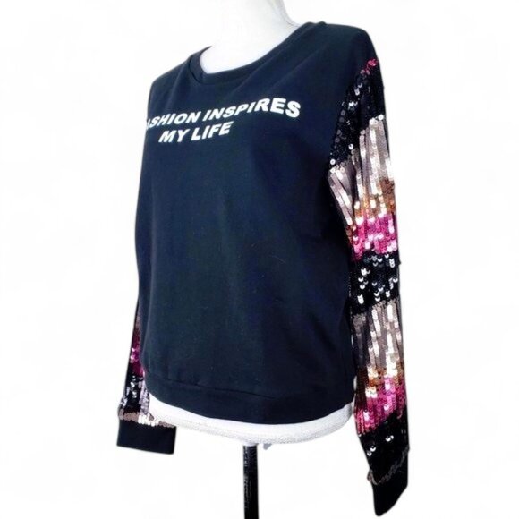 Lea & Viola Sequin Sleeve Terry Sweater Top Women's Flashy Sparkling Spellout XS - Picture 4 of 9